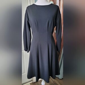 Mango Suits Midi Dress Women's 4 Black Fit n Flare 3/4 Dolman Puff Sleeve Strech